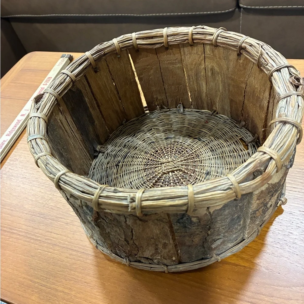 Rustic Brown Wood Slat and Woven Reed Gathering Basket Unique Details